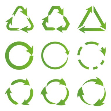 Çevresel olarak saf fonların düz yeşil geri dönüşüm sembolleri. Oklar. Ekolojik semboller. Yeşil vektör koleksiyonu.