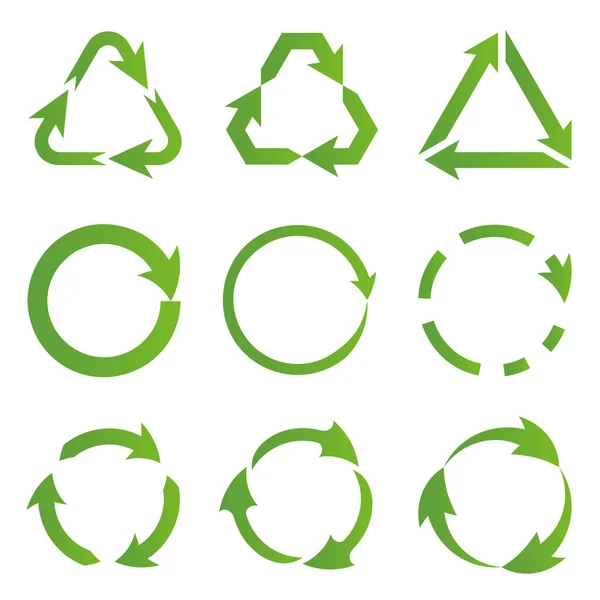 Conjunto Símbolos Planos Verdes Reciclaje Fondos Ecológicamente Puros Flechas Símbolos — Vector de stock