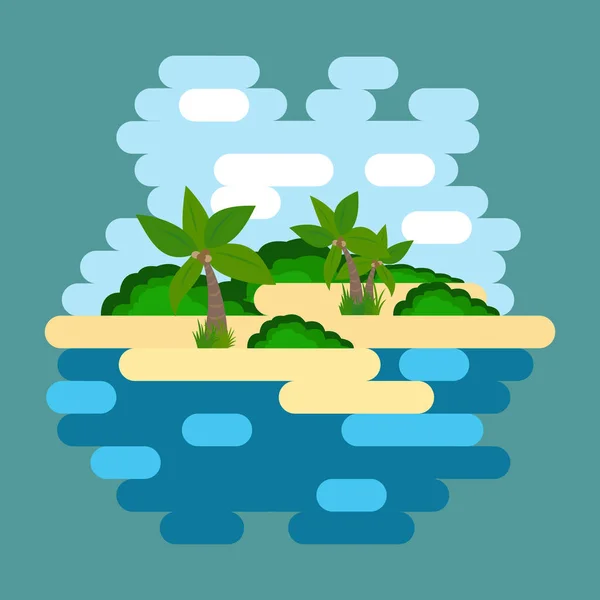 Okyanustaki Tropik Ada Denizle Çevrili Palmiye Ağaçları Var Düz Stil — Stok Vektör