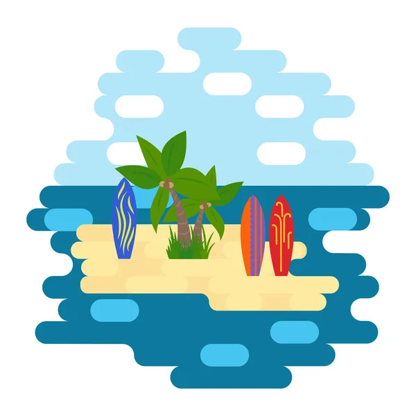 Tropical Island Ocean Surrounded Sea Palm Trees Surf Boards Flat — Stock Vector