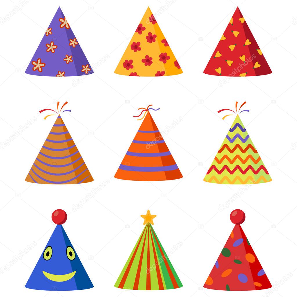 Colorful Caps set. Party hat cone collection. Accessory, symbol of the holiday. Birthday . Vector illustration. 