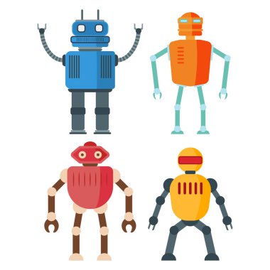 Beyaz arka planda izole edilmiş komik retro robotlar. Düz stil. Vektör illüstrasyonu.