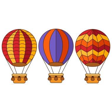 Düz renkli sıcak hava balonu koleksiyonu. Vektör illüstrasyonu.