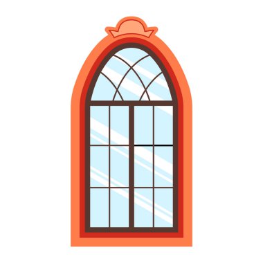 Ayrıntılı ahşap pencere çerçeve görüntüsü ev duvarında izole edildi. Mimari tasarım açık hava ya da dış görünüş, bina ve ev teması. Vektör illüstrasyonu.