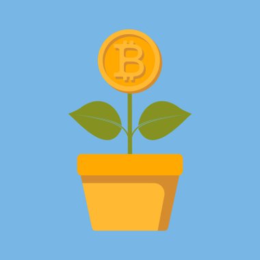 Bitcoin büyümesi kavramı. Bitkinin büyüyen bitkisi. Engelleme zinciri. Düz stil. Vektör resmi.