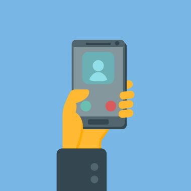 Akıllı telefon elindeydi. Gelen arama. Vektör resmi.