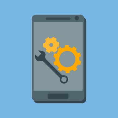 Fikirleri kabul et. Bir akıllı telefon, bir vites simgesi, bir anahtar simgesi. Ayarların sembolü, teknik servis. Düz stil. Vektör resmi.
