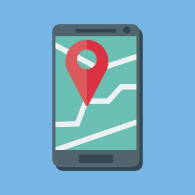 Çevrimiçi haritalı akıllı telefon konsepti. Konum göstergesi. Kırmızı işaretli bir harita. Konum göstergesi. Vektör resmi.