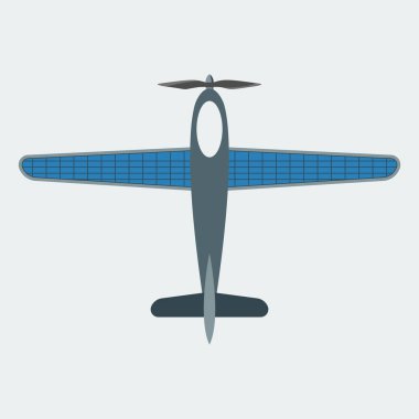 Güneş panelleri üzerinde çalışan uçağın simgesi. Yeşil enerji kullanmanın sembolü. Düz stil. Vektör.