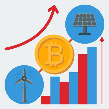 Maden kripto para birimi için alternatif enerji kaynaklarının vektör düz simgesi.