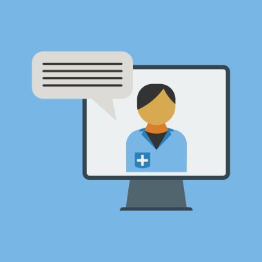 Teletıp ikonu. Tedavi ve hastalık teşhisi amacıyla bilgi alışverişi için internet başvurusu. Düz stil. Vektör