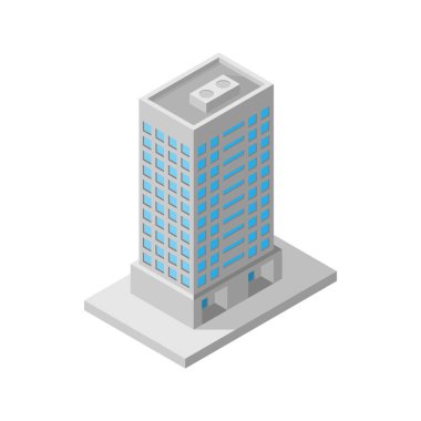 Şehir altyapısını oluşturan vektör izometrik ikon yapı, şehir haritası oluşturma için düşük poli binasını temsil eden mimari 3D element.