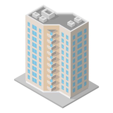 Şehir altyapısını oluşturan vektör izometrik ikon yapı, şehir haritası oluşturma için düşük poli binasını temsil eden mimari 3D element.