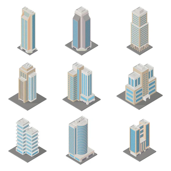 矢量等距城市基础设施建筑地图生成器 公寓楼 代表低矮聚居区的3D元素 — 图库矢量图片