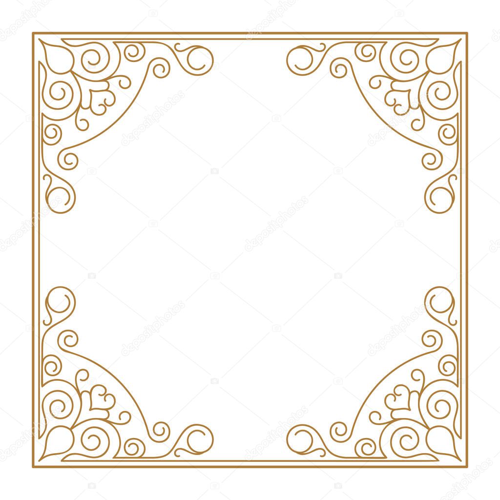 Vintage frame retro decoration corner template design.Gold photo frame with corner line floral for picture, Vector design decoration frame pattern style. Floral border template illustration