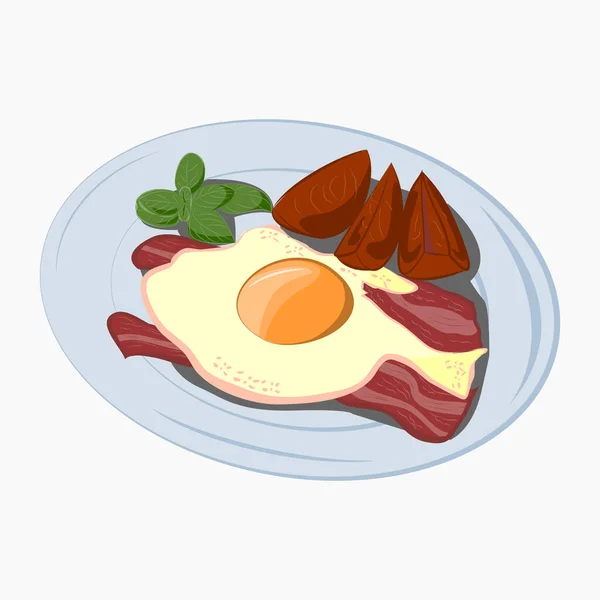 Pequeno Almoço Ícone Dos Desenhos Animados Com Omelete Bacon Manjericão — Vetor de Stock