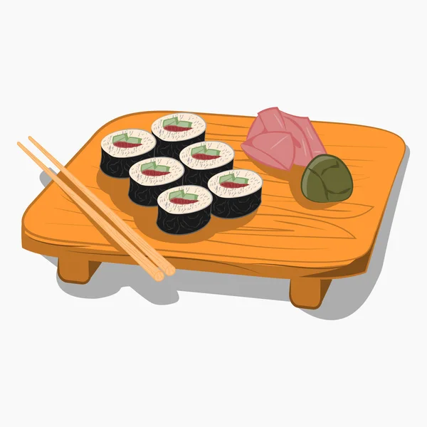 Sushi Placa Madeira Com Pauzinhos Acessórios Ícone Dos Desenhos Animados — Vetor de Stock