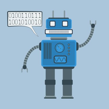 Çizgi film robotu karşılama yapıyor. Tişört grafiği. Vektör.