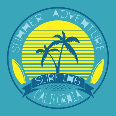 Sörf tişörtü tasarımı. Sörf cenneti. Yaratıcı tasarım. Vektör illüstrasyonu.