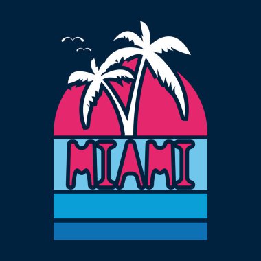 Yaz temalı tişört. Miami mi? Tişörtler, posterler, çıkartmalar, kartlar vs. üzerine baskı yapmak için amblem ve baskı. Vektör resmi.