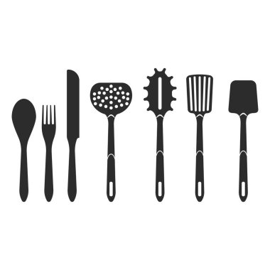 Çatal bıçak takımı siluet, bıçaklar, çırpı, spatula. Vektör grafikleri.