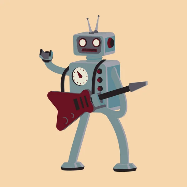 Robot rockçı karikatür gitar çalıyor. Tişört grafiği. Vektör