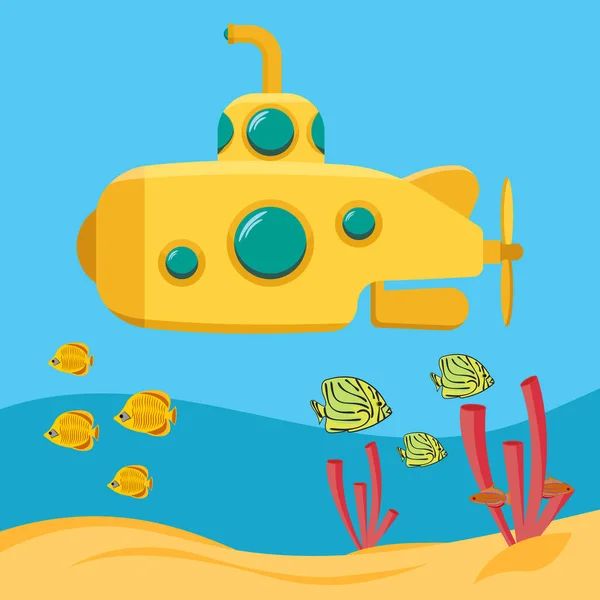 Submarino Amarelo Vida Marinha Subaquática Expedição Nas Profundezas Mar Bathyscaphe — Vetor de Stock