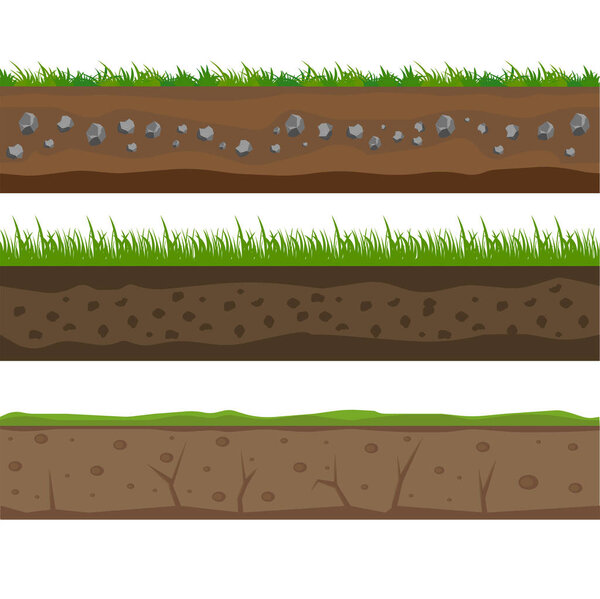 Soil seamless layers. Layer of soil with grass and stones. The texture of the cut soil. Vector graphics.