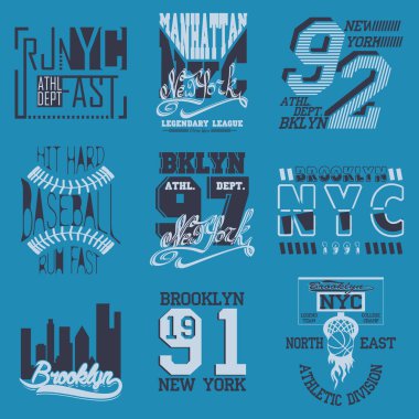 New York City Spor Tipografisi Logo seti, T-shirt Yazdırma Tasarımı; NYC orijinal giysi, spor kıyafetleri için Klasik Yazdırma