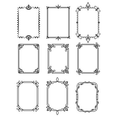 Klasik dikdörtgen süsleme seti. Retro dekoratif çerçeveler. Düğün çerçeveleri. Vektör illüstrasyonu.