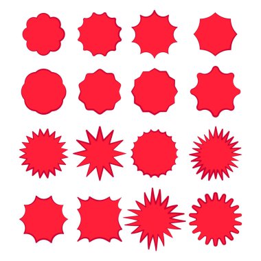 Kırmızı satış etiketleri seti. Yıldız patlaması mühürleri. Kırmızı vektör parlıyor.