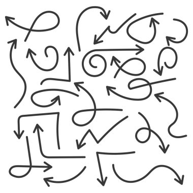 Bir dizi siyah ok işareti. Çeşitli şekillerde düz oklar. Vektör.