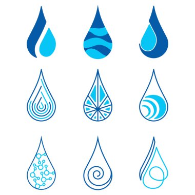 Su Damlası Simgesi. Aqua logoları. Yağmurun sembolü. Vektör seti.