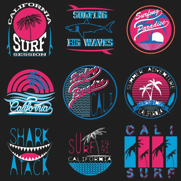 Yaz ve sörf temalı tişörtlerin vektör görüntüleri. Sörf. Tipografi, logolar, rozetler ve diğer kullanımlarda kullanılmak üzere.
