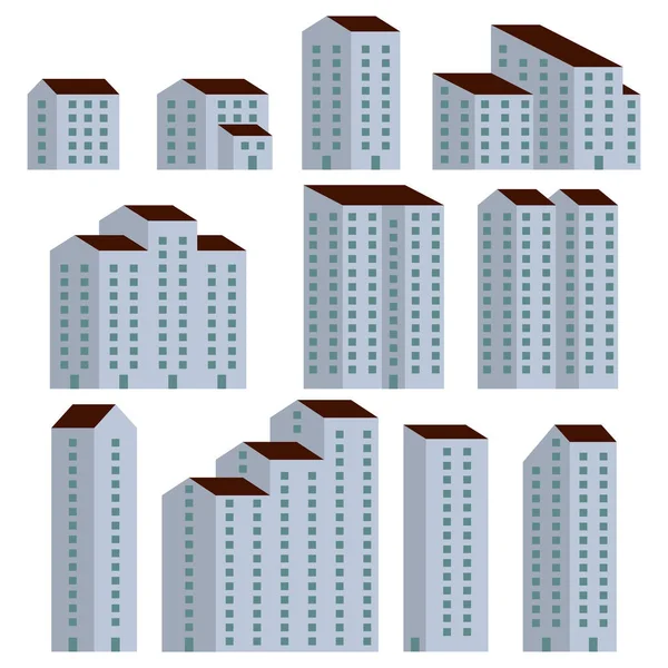 Bir dizi asgari apartman. Yerleşim evleri. Apartman binaları. Şehir binası. Düz biçimdeki vektör illüstrasyonları.