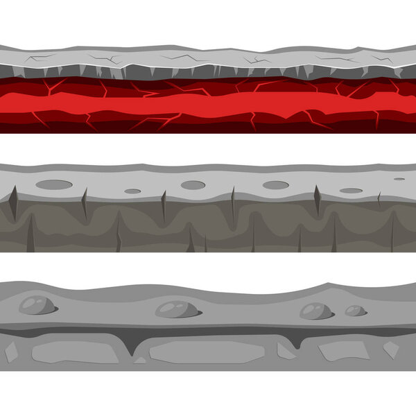Soil seamless layers. Layer of soil with grass and stones. The texture of the cut soil. Vector graphics.