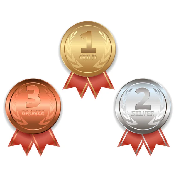 Award Trophy Winners Medals Gold Silver Bronze Award Medals Set — Stock Vector