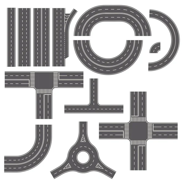 Yaya geçitli caddeler, kavşaklar, çatallar, şehir yolları için elementler, asfalt yol, vektör görüntü