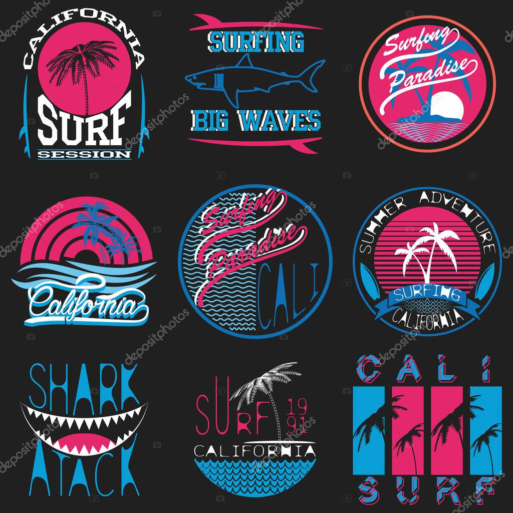 Set of vector images of t-shirts with summer and surf themes. Surfing. For use in typography, logos, badges and other uses.