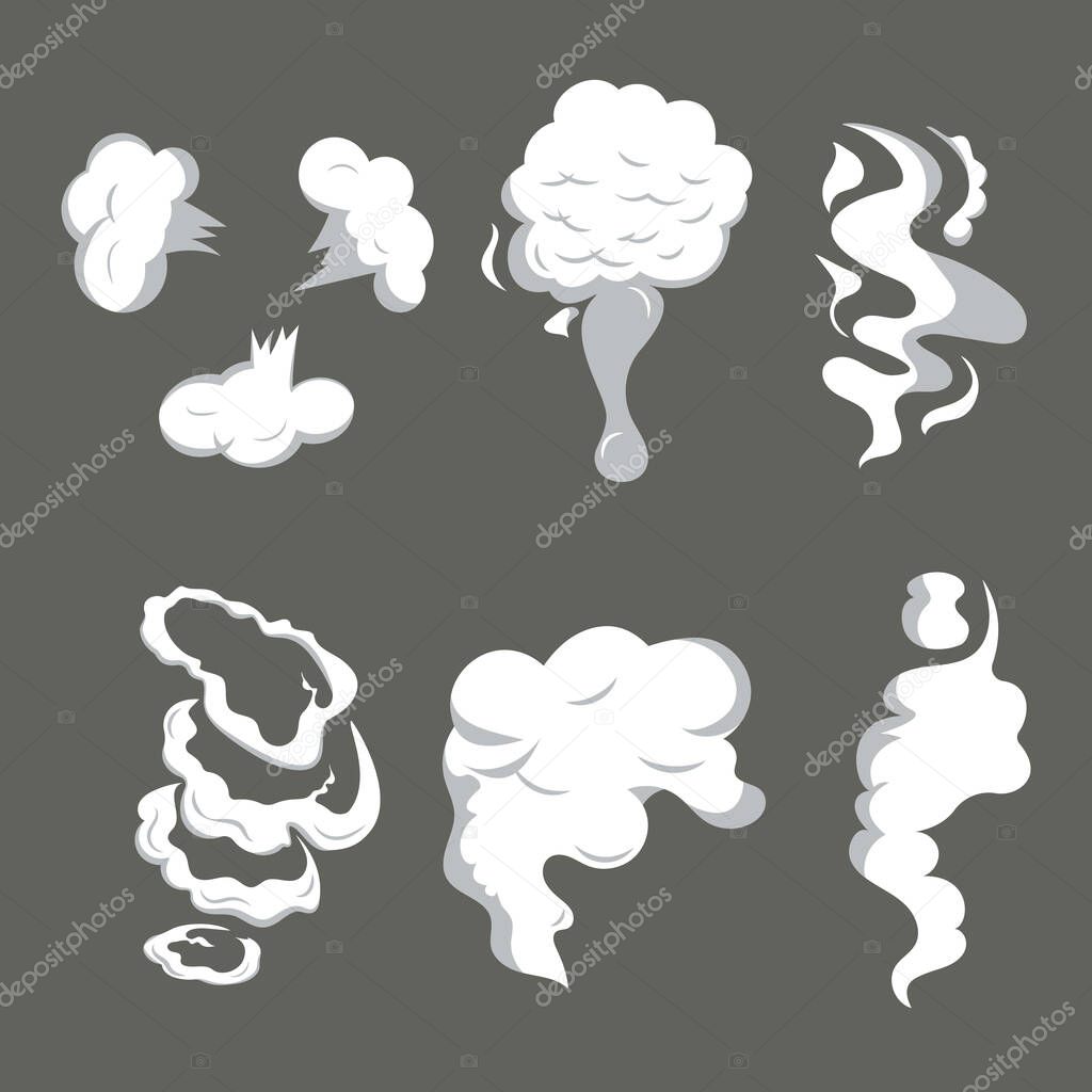 Set of smoke, smog in cartoon style. Explosive cloud. Vector graphics.