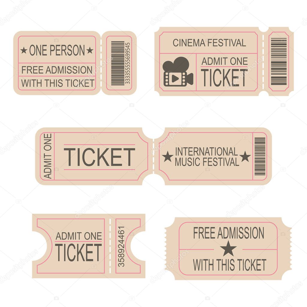 Ticket Templates. Tickets to the cinema, theater, music festival. Lottery Coupon. Set of vector images.