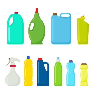 Ev temizlik ürünleri. Deterjanlar. Beyaz arkaplanda izole edilmiş vektör kümesi.