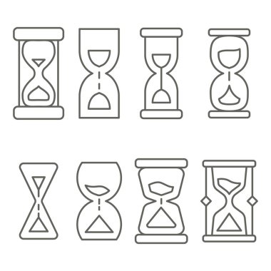 Kum saati. Sandglass monokrom basit vektör çizimleri doğrusal stilde. Teslim tarihi, geri sayım, zaman ölçümü. Vektör illüstrasyonları. 