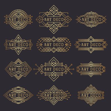 Art deco logosu. Klasik etiket tasarımı. Geçmişe dönük rozetler. Dekoratif çerçeveler eski tarz etiketler. Vektör resimlerinin kümesi.