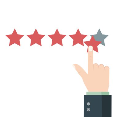 Beş yıldızlı reyting. Müşteri ürün kalitesi hakkında geri bildirim. En iyi sonuç. Hizmet kalitesi iyi. İtibar şirketi. Vektör.