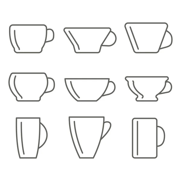 Copas Iconos Lineales Conjunto Copas Diferentes Formas Platos Para Café — Archivo Imágenes Vectoriales