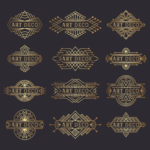 Art deco logosu. Klasik etiket tasarımı. Geçmişe dönük rozetler. Dekoratif çerçeveler eski tarz etiketler. Vektör resimlerinin kümesi.