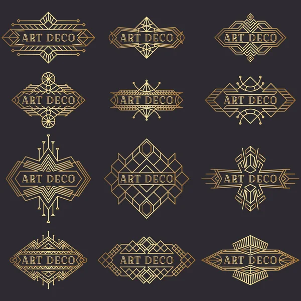 Art deco logosu. Klasik etiket tasarımı. Geçmişe dönük rozetler. Dekoratif çerçeveler eski tarz etiketler. Vektör resimlerinin kümesi.