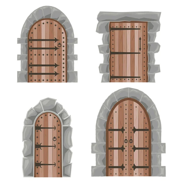 Porte Medievali Cancelli Acciaio Legno Esterno Antico Vettore — Vettoriale Stock