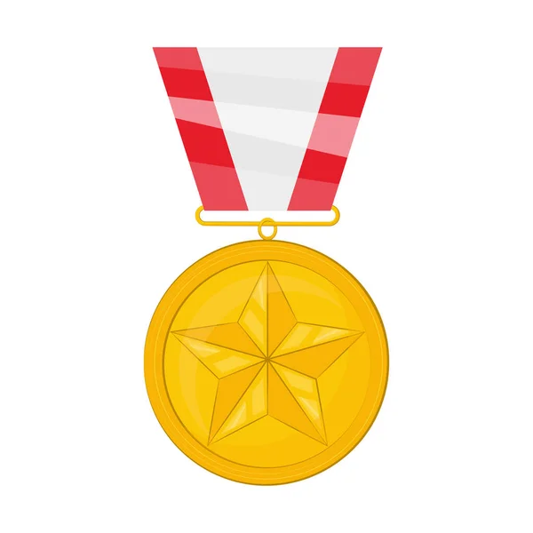 Gold Medal Red Ribbon First Place Sports Award Medal Badge — Stock Vector